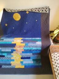 Moon Reflection Quilt, Stary Night Blue Ocean Handmade Blue Twin Queen Size Quilted Throw, Modern Quilt - thumbnail 1