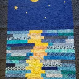 Moon Reflection Quilt, Stary Night Blue Ocean Handmade Blue Twin Queen Size Quilted Throw, Modern Quilt - thumbnail 2