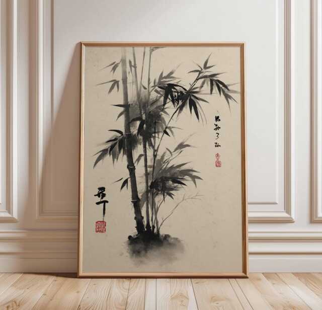 Bamboo Ink Wall Art Print, Japanese Sumi-E Brush Painting Poster, Zen Minimalist Decor, Traditional Black Artwork - image 1