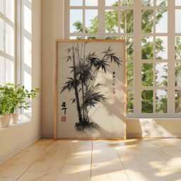 Bamboo Ink Wall Art Print, Japanese Sumi-E Brush Painting Poster, Zen Minimalist Decor, Traditional Black Artwork - thumbnail 3