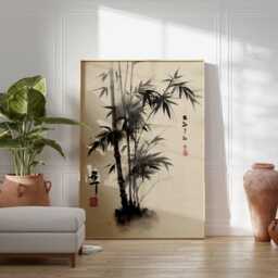Bamboo Ink Wall Art Print, Japanese Sumi-E Brush Painting Poster, Zen Minimalist Decor, Traditional Black Artwork - thumbnail 4