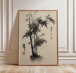 Bamboo Ink Wall Art Print, Japanese Sumi-E Brush Painting Poster, Zen Minimalist Decor, Traditional Black Artwork