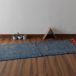Handwoven Indigo Jute Runner Rug, Traditional Indian With Burnt Orange Tassels - 2x5 Ft - thumbnail 2