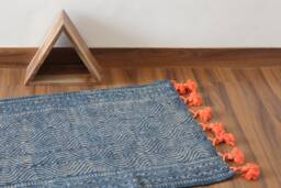 Handwoven Indigo Jute Runner Rug, Traditional Indian With Burnt Orange Tassels - 2x5 Ft