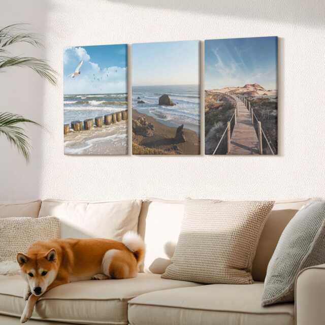 Canvas Set Of 3 Wall Art - View The Beach With Waves, Sky & A Walking Pier, Blue Large, Landscapes Hanging Piece - image 1