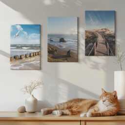 Canvas Set Of 3 Wall Art - View The Beach With Waves, Sky & A Walking Pier, Blue Large, Landscapes Hanging Piece - thumbnail 3