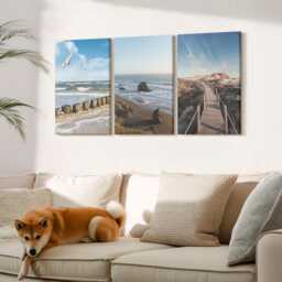 Canvas Set Of 3 Wall Art - View The Beach With Waves, Sky & A Walking Pier, Blue Large, Landscapes Hanging Piece - thumbnail 1