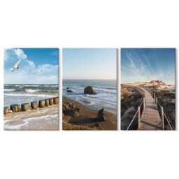 Canvas Set Of 3 Wall Art - View The Beach With Waves, Sky & A Walking Pier, Blue Large, Landscapes Hanging Piece - thumbnail 2