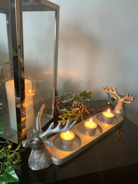 Silver Stag Christmas Candle Holder Reindeer Pillar Centerpiece