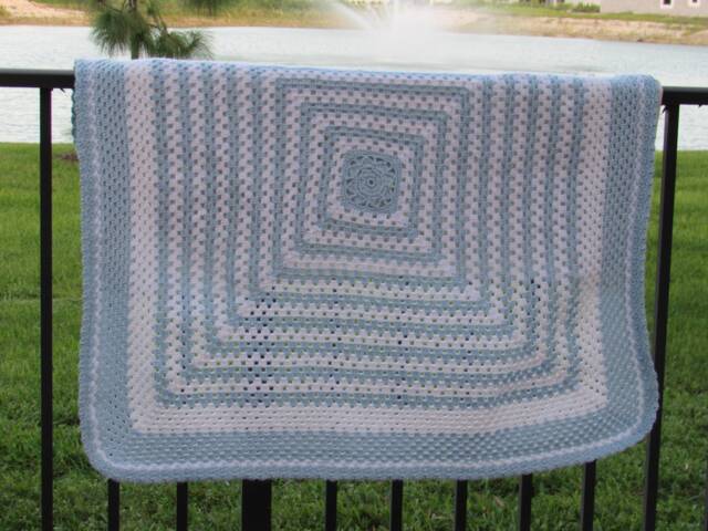 Crochet Baby Blanket, Blue & White Granny Square Soft Acrylic Afghan, Handmade Gifts For Kids - image 1