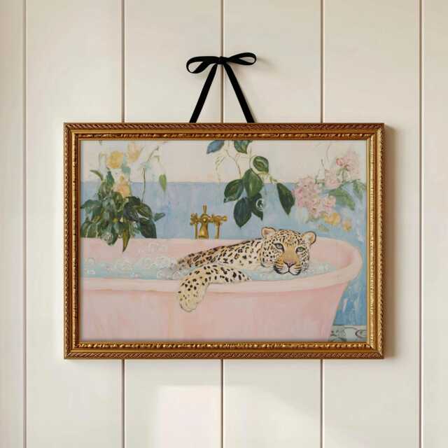 Leopard in Bath Art Print - Bathroom Wall Pink Bathtub Painting - image 1