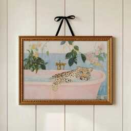 Leopard in Bath Art Print - Bathroom Wall Pink Bathtub Painting - thumbnail 1