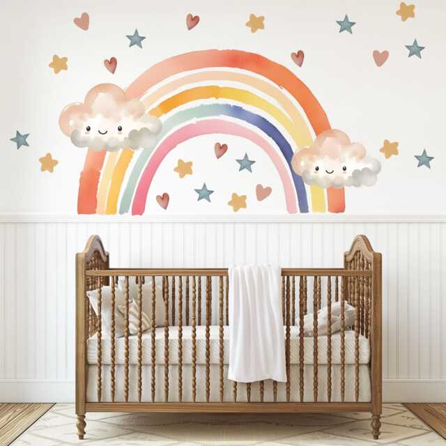 Rainbow Wall Decals Nursery Kawaii Cloud Stickers Decor Star Decals, Cute Art, Peel & Stick - image 1