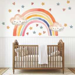 Rainbow Wall Decals Nursery Kawaii Cloud Stickers Decor Star Decals, Cute Art, Peel & Stick - thumbnail 1