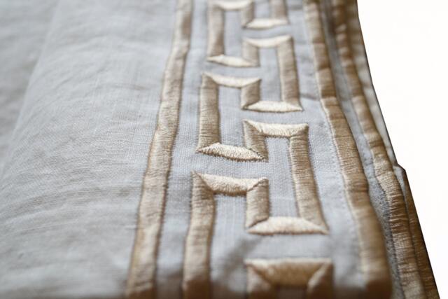 Custom Curtains, Linen Curtain, Embroidered Greek Key Window Drape, Treatment, Living Room Light Filtering Curtain - image 1