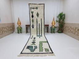 Amazing Benourain Rug, Moroccan Rug, Handwoven Runner , Off White & Green Unique Custom Wool Berber Abstract Rug - thumbnail 1