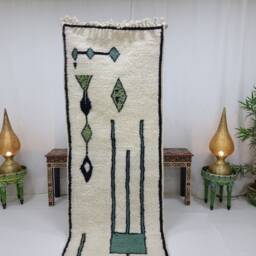 Amazing Benourain Rug, Moroccan Rug, Handwoven Runner , Off White & Green Unique Custom Wool Berber Abstract Rug - thumbnail 3