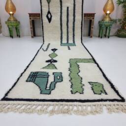 Amazing Benourain Rug, Moroccan Rug, Handwoven Runner , Off White & Green Unique Custom Wool Berber Abstract Rug - thumbnail 2