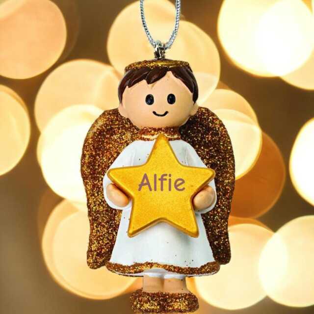 Personalised Cute Gold Boy Angel Christmas Tree Decoration With Name - Bauble Ornament - image 1