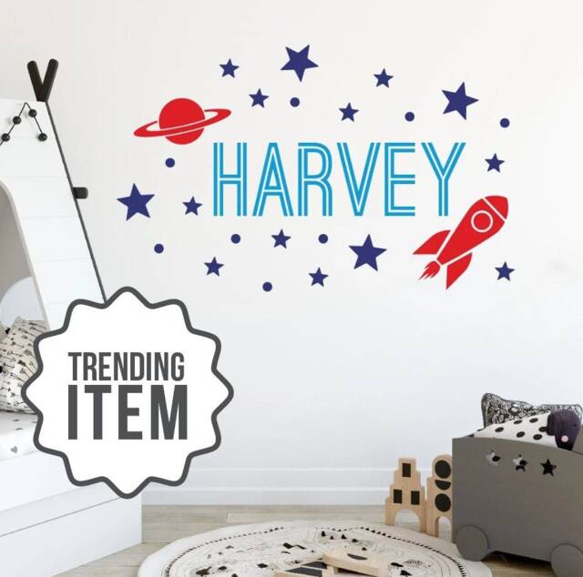 Customizable Space Themed Kids Room Decor, Personalized Designed Name Rocket Ship Vinyl Decal, Stars & Planets Wall Art, Removable Sticker - image 1