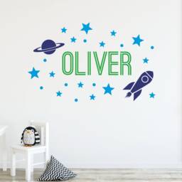 Customizable Space Themed Kids Room Decor, Personalized Designed Name Rocket Ship Vinyl Decal, Stars & Planets Wall Art, Removable Sticker - thumbnail 3