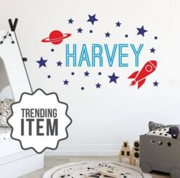 Customizable Space Themed Kids Room Decor, Personalized Designed Name Rocket Ship Vinyl Decal, Stars & Planets Wall Art, Removable Sticker - thumbnail 1