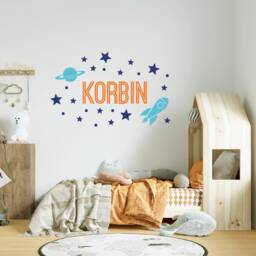 Customizable Space Themed Kids Room Decor, Personalized Designed Name Rocket Ship Vinyl Decal, Stars & Planets Wall Art, Removable Sticker - thumbnail 2