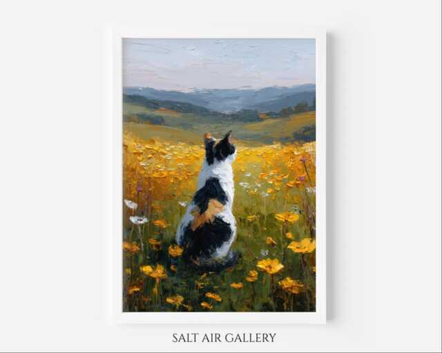 Calico Cat Wall Art Print, Cat Countryside Oil Painting, Colorful Poster, Country Farmhouse Memorial - image 1