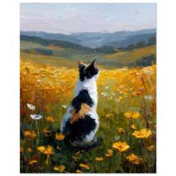 Calico Cat Wall Art Print, Cat Countryside Oil Painting, Colorful Poster, Country Farmhouse Memorial - thumbnail 2