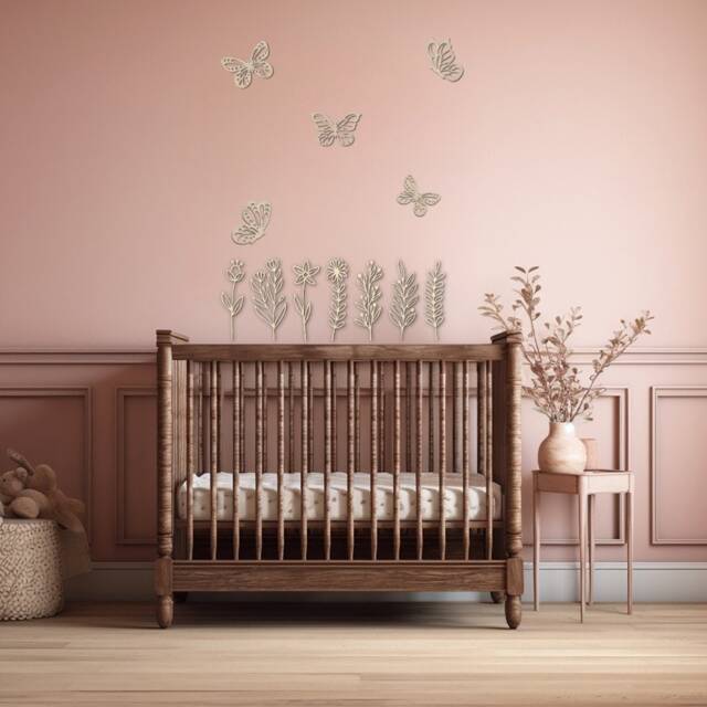 Wooden Flowers - Boho Nursery Flower Decor Wildflower Bedroom Butterfly Wall Decal Girls - image 1