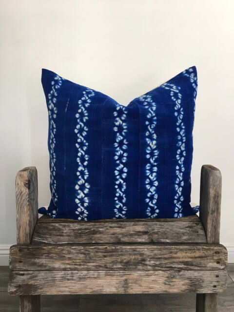 Indigo Mud Cloth Pillow Hand-stitched African Textile, Organic Cotton Linen Back - image 1