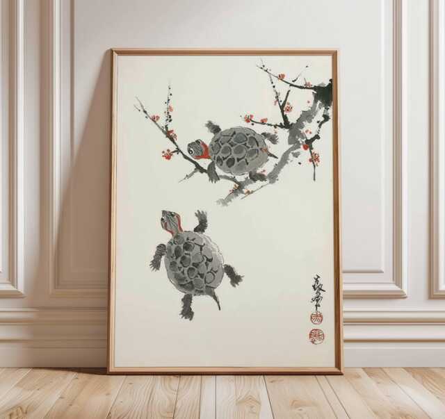 Japanese Turtle Wall Art, Oriental Ink Painting Poster Print, Asian Animal Artwork, Zen Nature Decor, Traditional Calligraphy Print - image 1