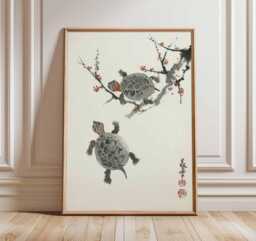Japanese Turtle Wall Art, Oriental Ink Painting Poster Print, Asian Animal Artwork, Zen Nature Decor, Traditional Calligraphy Print - thumbnail 1