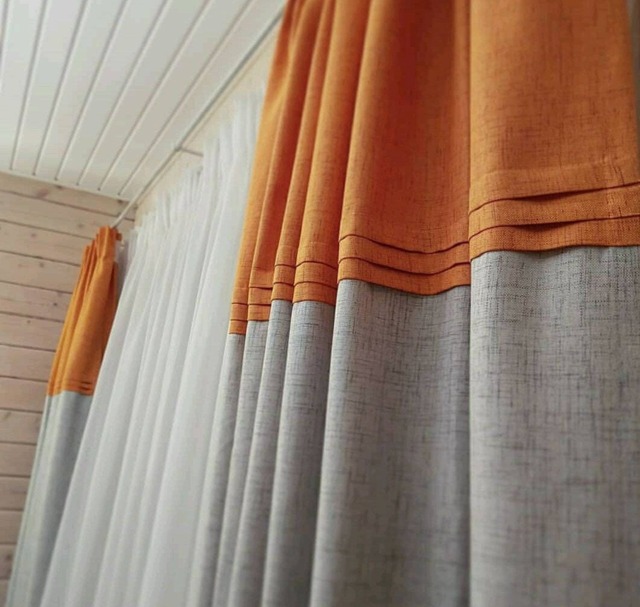 Orange & Natural Color Block 100% Linen Custom Curtain Panel , Window Treatments, Many Colors Free Shipping