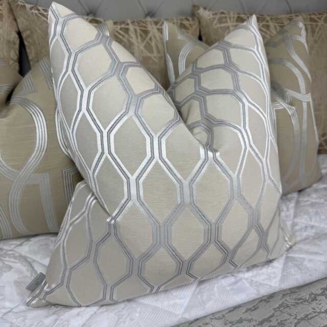 Luxury Geometric Design Cushion Cover, Natural Silver Pillow Cover For Sofa Or Bed, Throw Designer Fabric - Double Sided - image 1