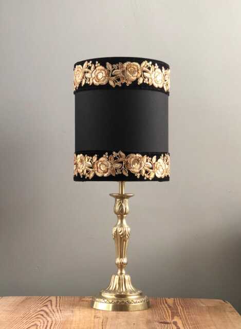 Antique Table Lamp With A Brass Candlestick. Black Shade Gold Brocade Trim - image 1