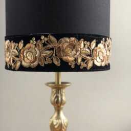 Antique Table Lamp With A Brass Candlestick. Black Shade Gold Brocade Trim - thumbnail 2