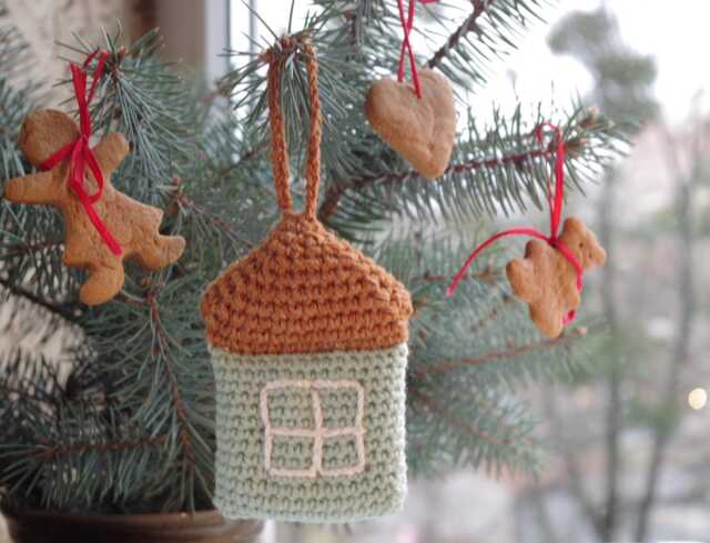 Crochet House Christmas Ornament Handmade Green Holiday Decor - image 1