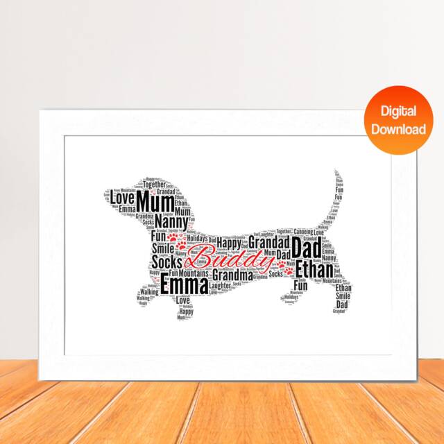 Personalized Dachshund Dog Word Art Print, Dog Cloud Picture Print, Gift For Lovers, Friend Birthday Love Card Gift Digital - image 1