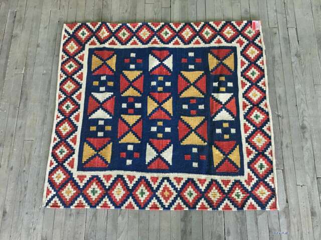 Small Kilim Rug/Turkish Rug/ About 4x4 Rug/Red Blue Rug/Organic Dye Rug/Flatweave Kilim/Triangle Design Rug - image 1