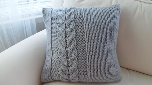Rts Hand Knitted Light Grey Cable Pillow Case 16x16/Home Decor/ Decorative - image 1