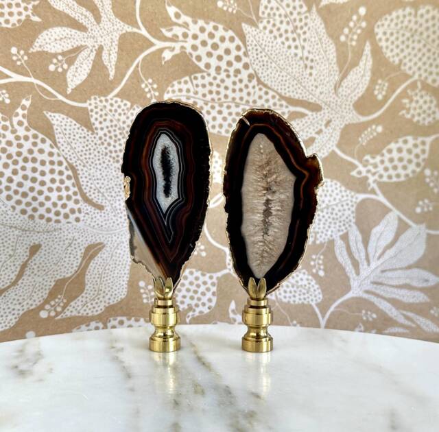 Gold Plated Agate Slice Lamp Finials With Shiny Brass Hardware - A Matching Pair in Deep Chocolate Brown & Cream - image 1