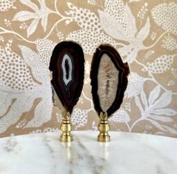 Gold Plated Agate Slice Lamp Finials With Shiny Brass Hardware - A Matching Pair in Deep Chocolate Brown & Cream - thumbnail 1