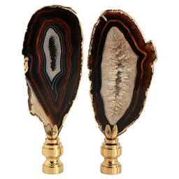 Gold Plated Agate Slice Lamp Finials With Shiny Brass Hardware - A Matching Pair in Deep Chocolate Brown & Cream - thumbnail 3