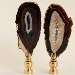 Gold Plated Agate Slice Lamp Finials With Shiny Brass Hardware - A Matching Pair in Deep Chocolate Brown & Cream - thumbnail 2