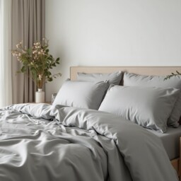 Light Gray Sateen Bedding Set 1 Duvet Cover & 2 Pillowcases Cotton Satin Comforter - thumbnail 3