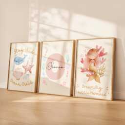 Mermaid Print, Girls Nursery Prints, Stay Wild Ocean Child, Set Of 3 Wall Art, Personalised Name Baby Girl - thumbnail 1