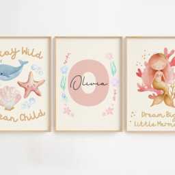 Mermaid Print, Girls Nursery Prints, Stay Wild Ocean Child, Set Of 3 Wall Art, Personalised Name Baby Girl - thumbnail 2