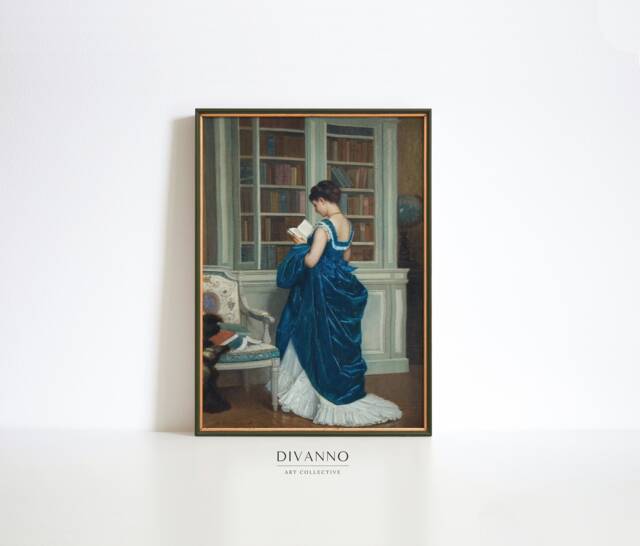 Romantic Woman Portrait Print, Victorian Decor, Elegant Poster, Lady in Blue Hobby Canvas, Library Wall Fine Art Giclee Print - image 1