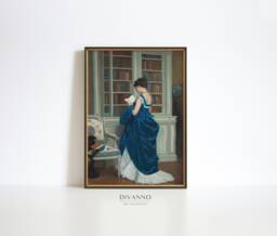 Romantic Woman Portrait Print, Victorian Decor, Elegant Poster, Lady in Blue Hobby Canvas, Library Wall Fine Art Giclee Print - thumbnail 1